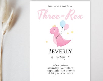 three rex invitation, downloadable 3 rex invitation for girl, invitation template third birthday party, dinosaur birthday invitation girl