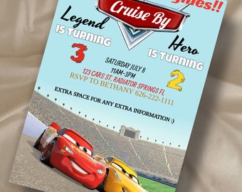 May include: A Cars-themed birthday party invitation featuring a red and yellow racing car illustration. The invitation reads "Start your engines!! Cruise By Legend is turning 3 Hero is turning 2" with details for the party on 8th July from 11am to 3pm at 123 Cars St. Radiator Springs FL. RSVP to Bethany 626-222-1111. Extra space for any extra information.