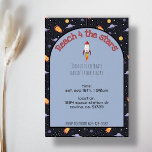 Reach four the stars invitation, editable reach for the sky invitation, printable fourth birthday party, space birthday invitation