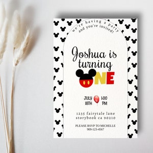 First birthday invitation, Mickey Mouse birthday invitation, downloadable 1st birthday invitation, turning one template