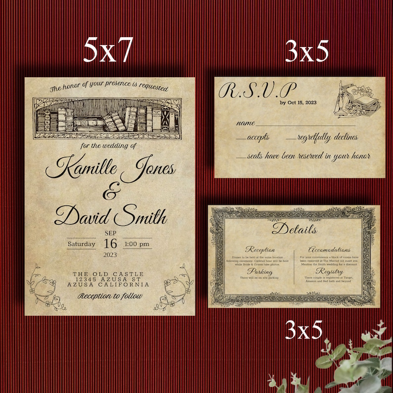 May include: A vintage-style wedding invitation suite with a book theme. The main invitation features a bookshelf with books, the couple's names, and wedding details. The RSVP card has a space for guests to indicate their attendance and a decorative illustration of a book. The details card includes information about the reception, parking, accommodation, and registry.