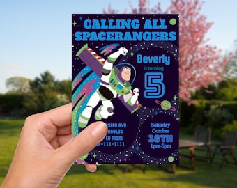 May include: A birthday party invitation featuring a cartoon image of Buzz Lightyear from the Toy Story movie franchise. The invitation is for a 5-year-old named Beverly and has a space-themed design with stars, planets, and a galaxy background. The text on the invitation reads "Calling All Spacerangers, Beverly is turning 5, Saturday October 18th, 1pm-5pm".