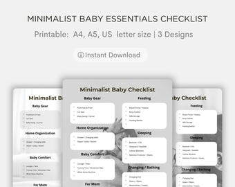 Puede incluir: Tres listas de verificación imprimibles para artículos esenciales de bebé minimalistas. Cada lista está dividida en categorías como Equipo para bebés, Organización del hogar, Comodidad del bebé, Alimentación, Dormir y Cambiar/Bañar. Las listas de verificación están en blanco y negro con un fondo gris.
