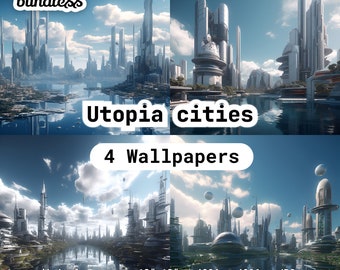 Futuristic Sci-fi utopia mega cities, 4 large images wallpapers, 4096x4096px digital papers Bundle, digital download
