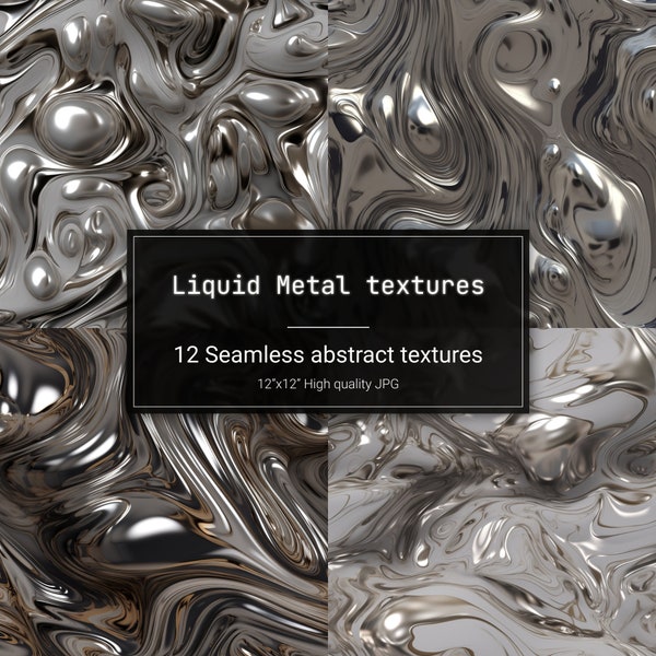 Liquid silver metal seamless texture bundle - 12 jpg files - Digital download