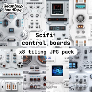 White Futuristic Sci-fi spaceship control boards HUD, 8 seamless tiling textures pack, instant digital download, 4096 x 4096 high res JPGs