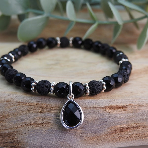 Lava-Onyx Armband mit 925 Silber, Edelsteine, Damen, edler Schmuck für Alltag oder Feste, Tropfenanhänger, auf Gummiband