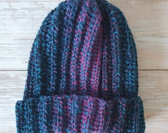 Handmade Crochet Beanie - Chunky Black, blue & purple - Adult Large