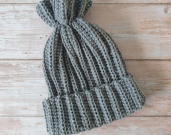 Handmade Crochet Beanie - Grey - Adult Large