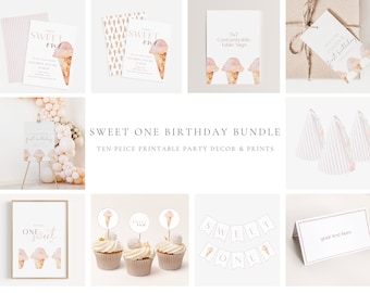 Sweet One Birthday, Ice Cream Birthday Bundle, Pastel Sweets, Digital Download Template
