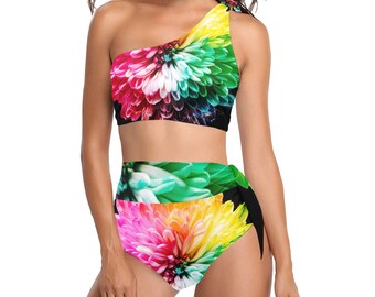 Hoch tailliertes One-Shoulder-Bikini-Set (S16)