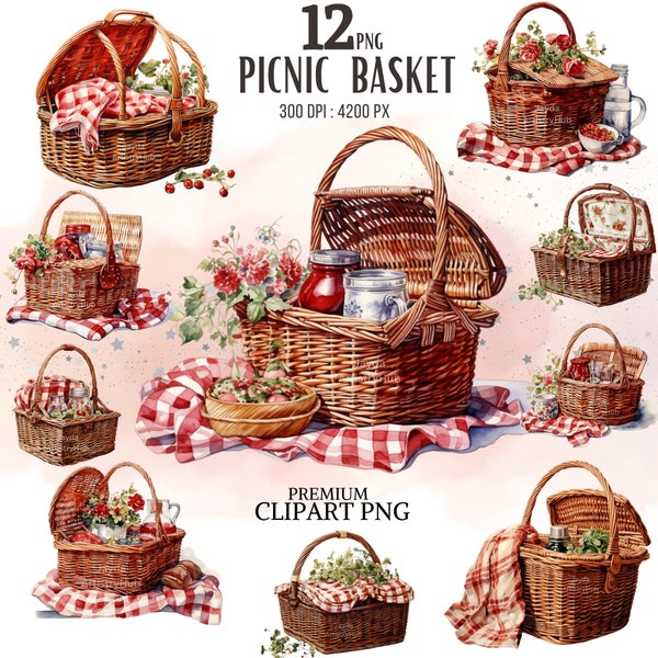 Watercolor Red Picnic Basket clipart PNG Files, summer clipart, printable graphics, gardening Farmhouse rustic basket, Card Making, Craft