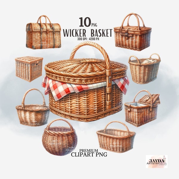 Watercolor Wicker basket with handle clipart PNG,Farmhouse rustic basket, lovely picnic basket clipart, gardening, Forest Harvest Vesseies