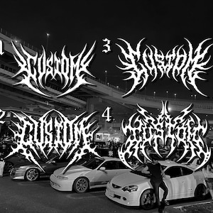 May include: Black and white image featuring four stylized "SCUSTOM" logos in a gothic font. The logos are displayed against a backdrop of cars and a highway overpass at night.