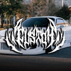 Puede incluir: Un coche blanco con un diseño gráfico en blanco y negro en el capó que dice "INSANITY".