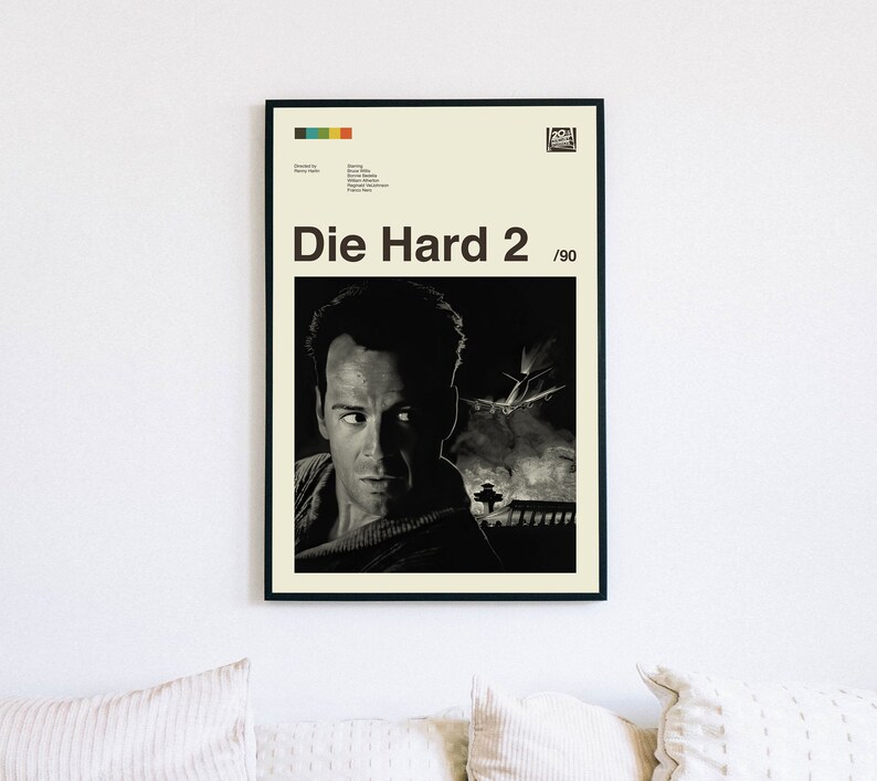 Die Hard 2 1990 Poster, Renny Harlin, Die Hard 2 Print, Minimalist Art, Vintage Poster, Midcentury Art, Movie Poster, Wall Decor image 2