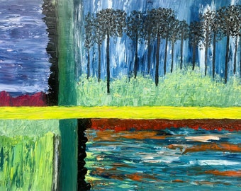 Original Ölgemälde auf Leinwand, abstrakte Kunst handgemalt, Unikat "WALD", 70x50cm Gemälde, moderne Wanddekoration, bunte Malerei, neu