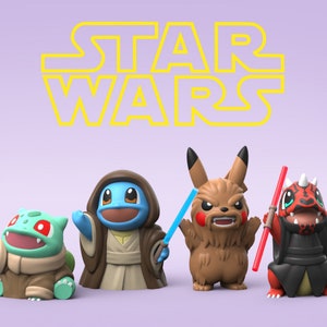 Könnte beinhalten: Vier Pokémon-Charaktere, die als Star Wars-Charaktere verkleidet sind. Ein grüner Bisasam, der als Jedi verkleidet ist, ein blaues Schiggy, das als Jedi verkleidet ist, ein braunes Pikachu, das als Chewbacca verkleidet ist, und ein rotes Glurak, das als Darth Vader verkleidet ist.