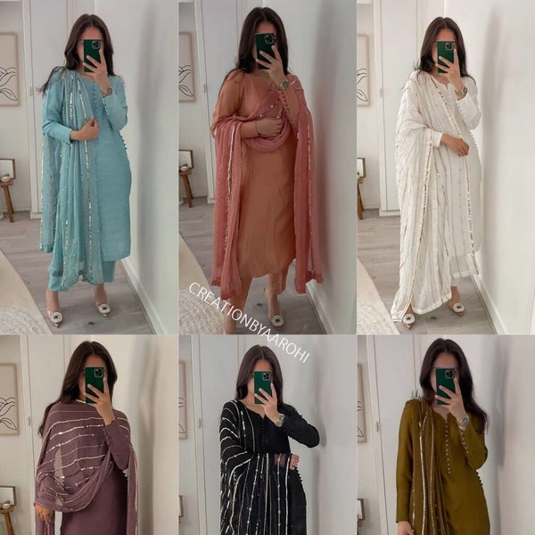 Women designer 6 colour straight heavy faux georgette kurta pant with dupatta sets,Solid kurta pant with zari dupatta for women,Suit sets