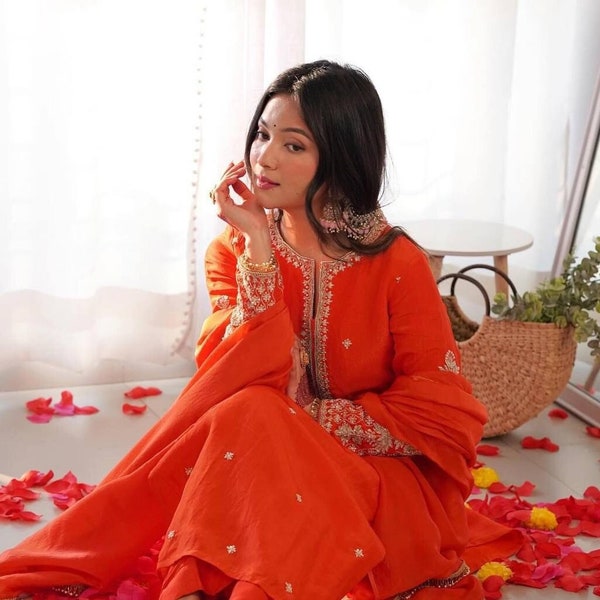 Premium Pakistani Orange Georgette Suit Embroidered Dress with Pant & Dupatta, Readymade Salwar Suits for Eid, Party Winter Wear 3 pc Set