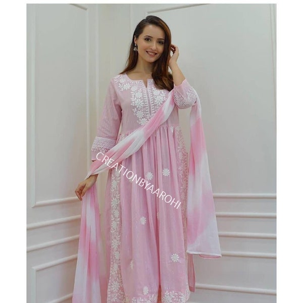 Chikankari Nyra Cut Suit Set in Pure Lurex slub Cotton with pant chiffon tie-dye duppata,Perfect outfit for any small gatherings or function