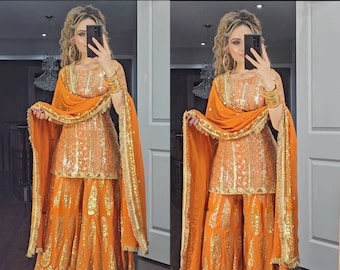 Salwar Kameez Indiase ontwerper oranje zware Georgette Partywear Kurta Sharara set met reeks, draad zari werk, 3-delig kant-en-klaar pak