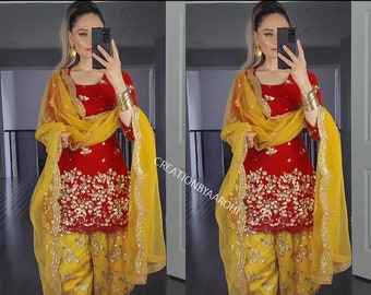 Desi Punjabi Kudi Look Red & Yellow Kurta with Dhoti/ Patiala and Dupatta, 3 pc Indian Partywear Salwar Kameez set for women