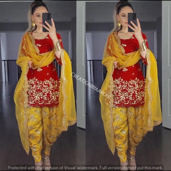 Desi Punjabi Kudi Look Rot & Gelb Kurta mit Dhoti / Patiala und Dupatta, 3-teiliges indisches Partywear Salwar Kameez Set für Frauen