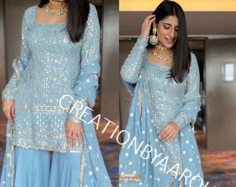 Sharara Set with Dupatta, Designer Georgette 3 Piece Salwar Kameez for Wedding, Pakistani Ready-Made Dress, Beautiful Partywear Blue Kurta