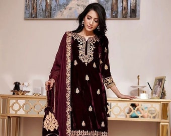 Premium Pakistani Maroon Velvet Suit Fully Embroidered Dress with Pant & Dupatta, Readymade Salwar Suits for Eid, Party Winter Wear 3 pc Set