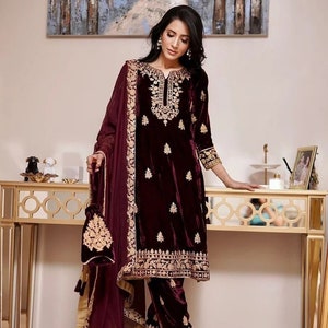 Premium Pakistani Maroon Velvet Suit Fully Embroidered Dress with Pant & Dupatta, Readymade Salwar Suits for Eid, Party Winter Wear 3 pc Set