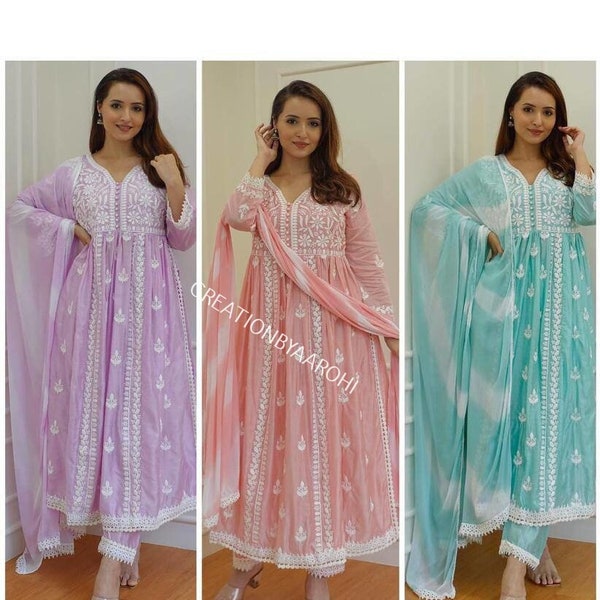 Women rayon cotton chikankari handwork gown palazzo with dupatta sets,Women plus size up to 6Xl size kurta sets