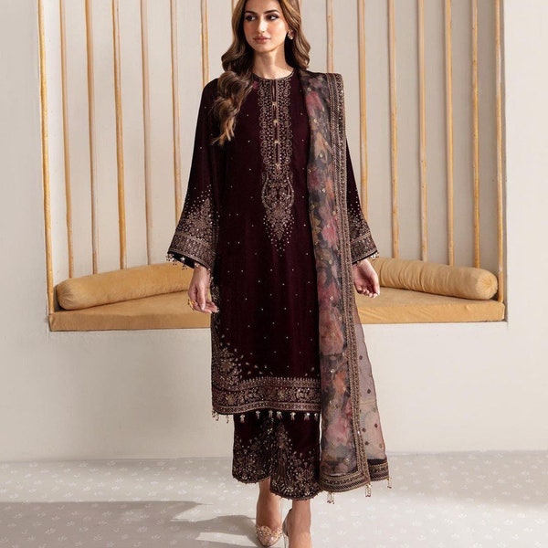 Premium Pakistani Maroon Georgette Suit Embroidered Dress with Pant & Dupatta, Readymade Salwar Suits for Eid, Party Winter Wear 3 pc Set