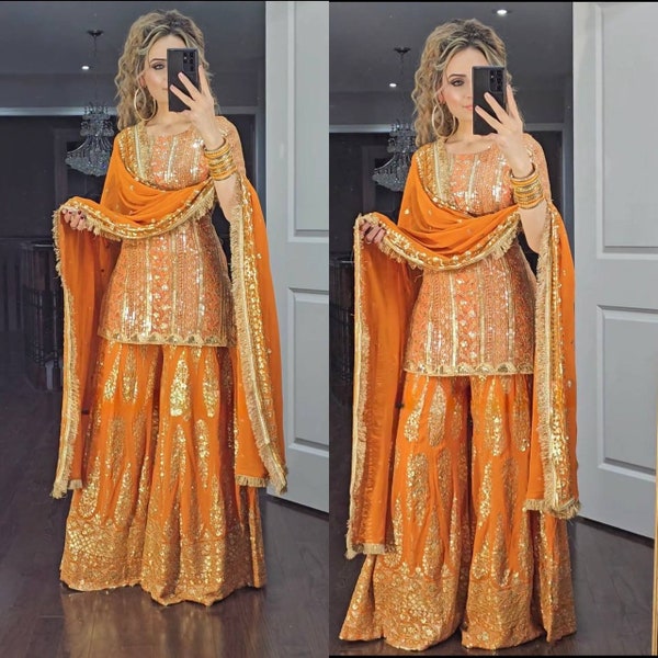 Bel ensemble de vêtements de fête orange Kurta Sharara avec duppatta, designer pakistanaise Georgette 3 pièces Salwar Kameez pour les mariages, robes prêtes à l'emploi