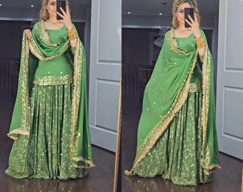 Premium Beautiful Green Sequence Work With Embriodered Work Lahnega Choli & Dupatta For Woman ,Bridesmaid Outfit , Wedding Outfit ,3 Pc Suit