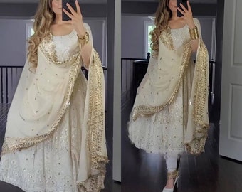 Premium Pakistanischer Creme Georgette Anzug Besticktes Kleid mit Hose & Dupatta, Fertige Salwar Anzüge für Eid, Party Winter Wear 3-teiliges Set