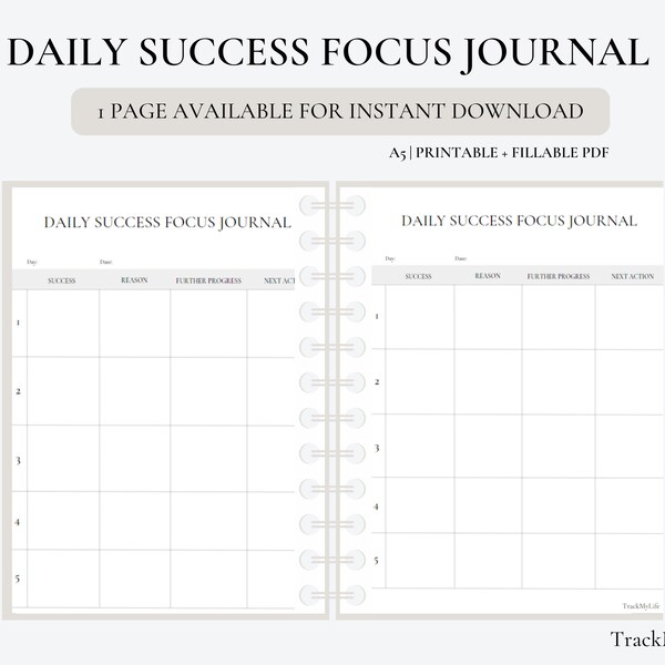 Daily Success Focus Journal, 4 Steps for Ultimate Productivity, A5 Printable and Fillable PDF, Instant Download