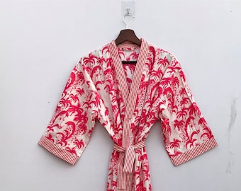 Katoenen kimonobadjas met blokprint, boho strandkleed