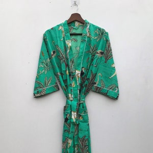 Green 100% Cotton Indian Beach Kimono Robe ,Kimono Robe,Cotton Robe,Shower Robe, Maternity Robe Bath robe Dressing Gown Beachwear