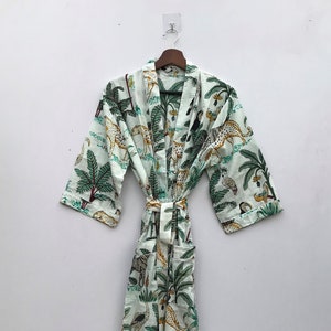 100% Cotton Hand-printed Long Yukata japanese Women&#39;s Kimono Robe Cotton Dressing Gown Boho Cotton Bathrobe for Women Lightweight