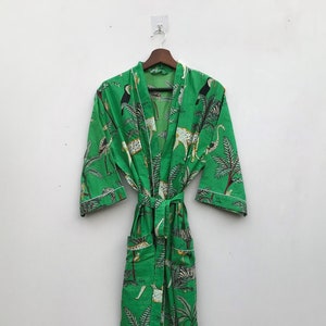 Green 100% Cotton Indian Beach Kimono Robe ,Kimono Robe,Cotton Robe,Shower Robe, Maternity Robe Bath robe Dressing Gown Beachwear