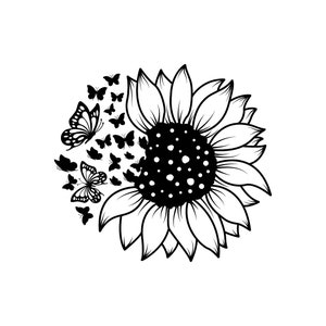 Puede incluir: Ilustraci&oacute;n en blanco y negro de un girasol con mariposas volando a su alrededor.