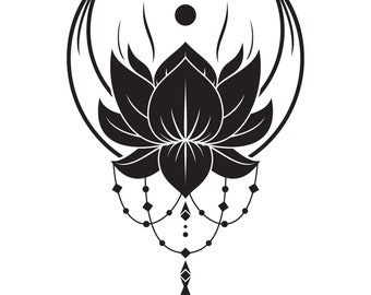 May include: Black and white illustration of a lotus flower with a crescent moon and dangling beads. The flower is stylized and has a geometric design.