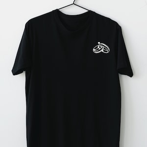 May include: A black t-shirt with a white graphic of two interlocking rings with a small heart above them.