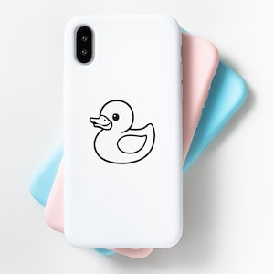 May include: A white phone case with a black outline of a rubber ducky.