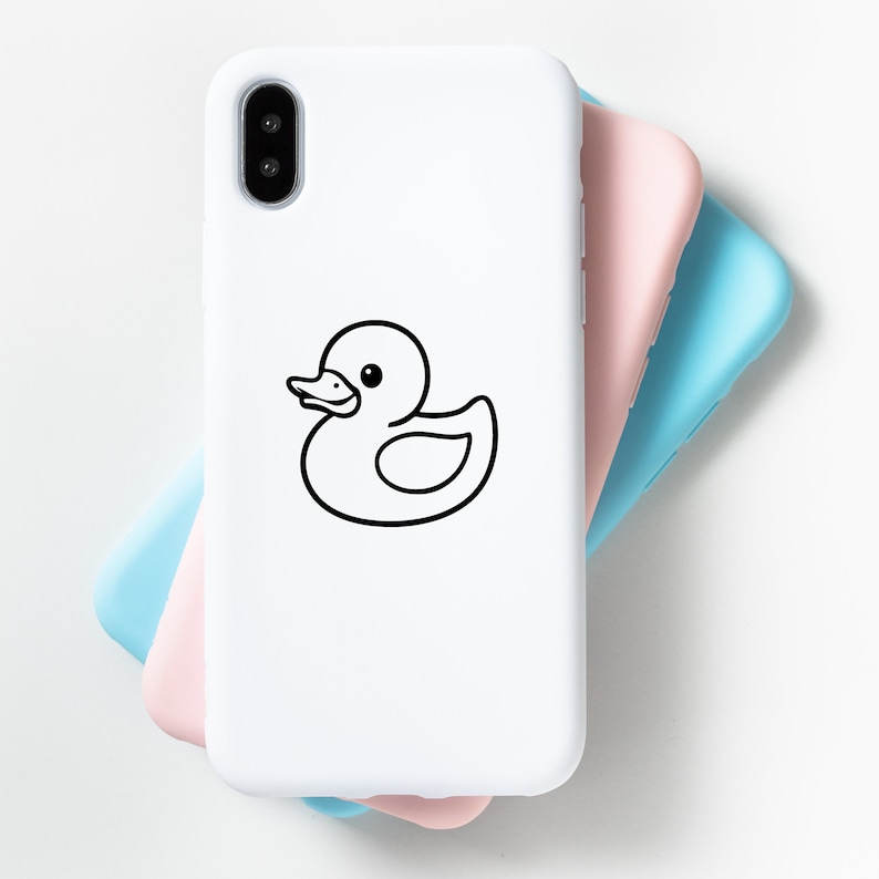 May include: A white phone case with a black outline of a rubber ducky.
