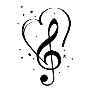 May include: Black and white illustration of a treble clef inside a heart shape with stars around it.