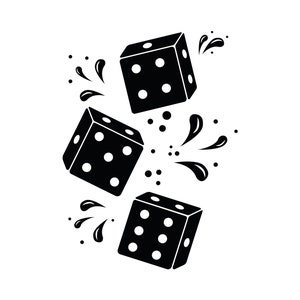 Puede incluir: Tres dados negros con puntos blancos están rodando y salpicando, creando una imagen dinámica y divertida.