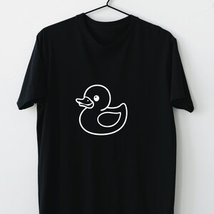 May include: A black t-shirt with a white outline of a rubber ducky on the front.