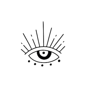 May include: A black and white illustration of an eye with radiating lines and dots. The eye is open with a detailed iris and pupil. The design is simple and graphic, set against a white background.